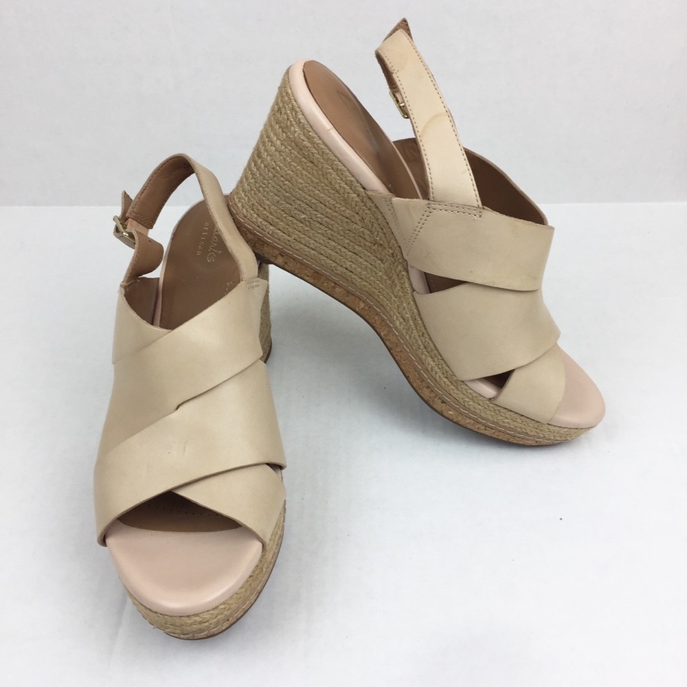Clarks Open Toe Nude Leather Wedge Sandal